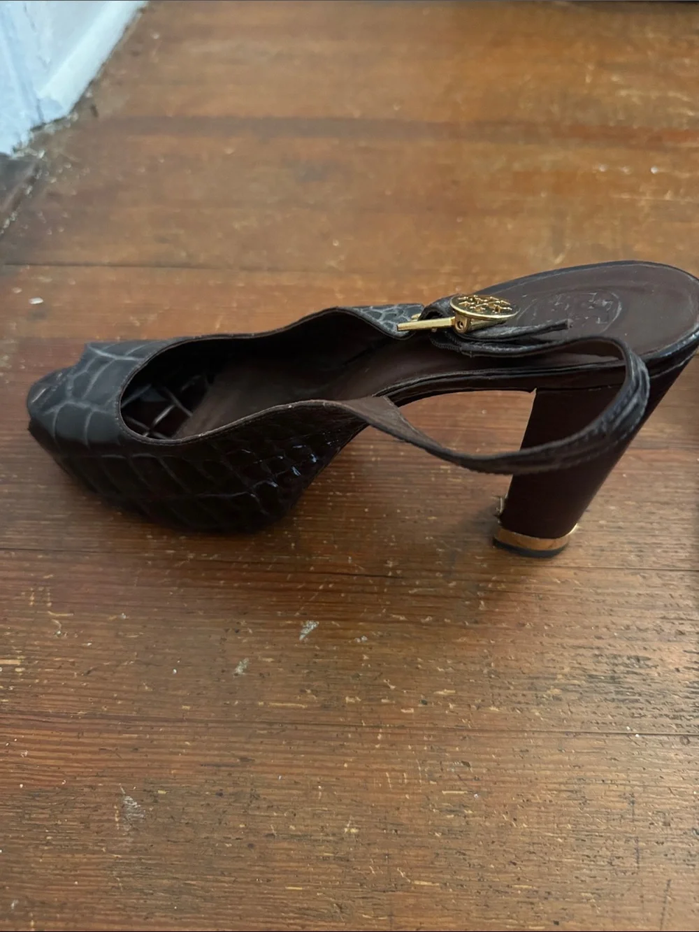 Tory Burch Dark Brown Croc-Embossed Peep-Toe Slingback Heels with Gold Buckle - Picture 4 of 11